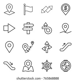 Thin line icon set : pointer, flag, up down arrow, dollar pin, right, singlepost, trip, geo, route, escalator, map, handwheel, compass