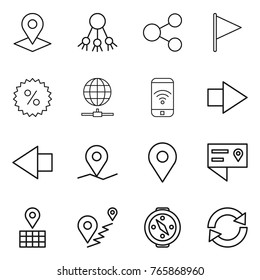 Thin line icon set : pointer, share, flag, percent, globe connect, phone wireless, right arrow, left, geo pin, location details, map, route, compass, reload