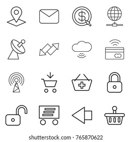 Thin line icon set : pointer, mail, dollar arrow, globe connect, satellite antenna, up down, cloud wireless, tap to pay, add cart, basket, lock, unlock, delivery, left