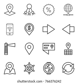 Thin line icon set : pointer, share, percent, globe connect, phone wireless, dollar pin, right arrow, left, lighthouse, geo, location details, map, handwheel, compass, reload