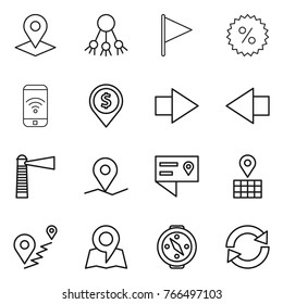 Thin line icon set : pointer, share, flag, percent, phone wireless, dollar pin, right arrow, left, lighthouse, geo, location details, map, route, compass, reload