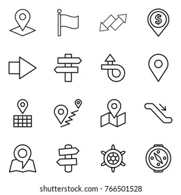 Thin line icon set : pointer, flag, up down arrow, dollar pin, right, singlepost, trip, geo, map, route, escalator, signpost, handwheel, compass