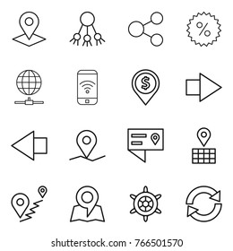 Thin line icon set : pointer, share, percent, globe connect, phone wireless, dollar pin, right arrow, left, geo, location details, map, route, handwheel, reload