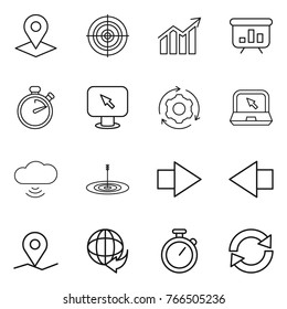Thin line icon set : pointer, target, diagram, presentation, stopwatch, monitor arrow, around gear, notebook, cloud wireless, right, left, geo pin, delivery, reload
