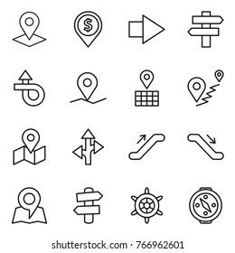 Thin line icon set : pointer, dollar pin, right arrow, singlepost, trip, geo, map, route, escalator, signpost, handwheel, compass