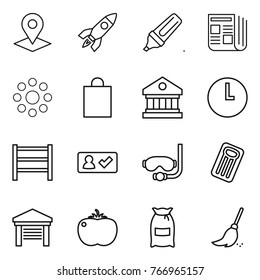 Thin line icon set : pointer, rocket, marker, newspaper, round around, shopping bag, library, clock, rack, check in, diving mask, inflatable mattress, garage, tomato, flour, broom