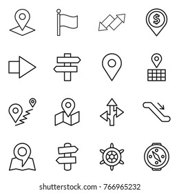 Thin line icon set : pointer, flag, up down arrow, dollar pin, right, singlepost, geo, map, route, escalator, signpost, handwheel, compass
