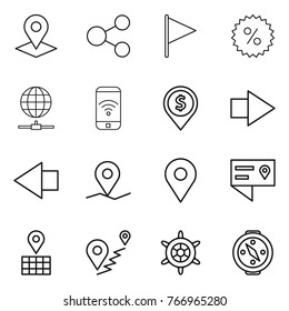 Thin line icon set : pointer, share, flag, percent, globe connect, phone wireless, dollar pin, right arrow, left, geo, location details, map, route, handwheel, compass