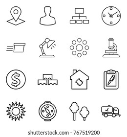 Thin line icon set : pointer, man, hierarchy, clock, delivery, table lamp, round around, microscope, dollar coin, block wall, smart house, clipboard pen, sun, compass, trees, home call cleaning
