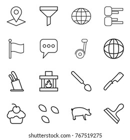 Thin line icon set : pointer, funnel, globe, diagram, flag, message, segway, stands for knives, fireplace, big spoon, chef knife, cupcake, seeds, pig, scraper
