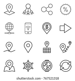 Thin line icon set : pointer, share, percent, globe connect, phone wireless, dollar pin, right arrow, geo, map, route, handwheel, compass, reload