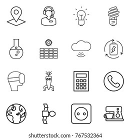 Thin line icon set : pointer, call center, bulb, round flask, sun power, cloud wireless, battery charge, virtual mask, dna modify, calculator, phone, globe, satellite, socket, coffee maker