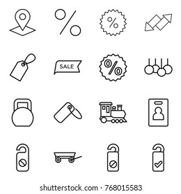 Thin line icon set : pointer, percent, up down arrow, label, sale, heavy, train, identity card, do not distrub, trailer, please clean