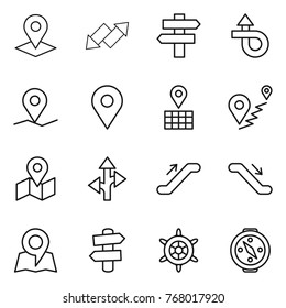 Thin line icon set : pointer, up down arrow, singlepost, trip, geo pin, map, route, escalator, signpost, handwheel, compass