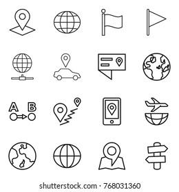 Thin line icon set : pointer, globe, flag, connect, car, location details, route a to b, mobile, plane shipping, earth, map, signpost