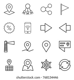 Thin line icon set : pointer, share, flag, percent, phone wireless, right arrow, left, lighthouse, geo pin, location details, map, handwheel, reload