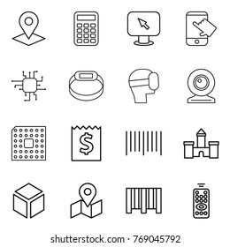 Thin line icon set : pointer, calculator, monitor arrow, touch, chip, smart bracelet, virtual mask, web cam, cpu, receipt, bar code, castle, 3d, map, remote control