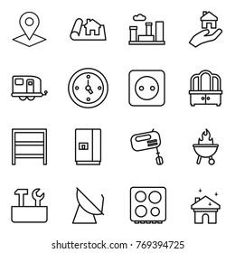 Thin line icon set : pointer, project, city, real estate, trailer, watch, power socket, dresser, rack, fridge, mixer, bbq, repair tools, satellite antenna, hob, house cleaning