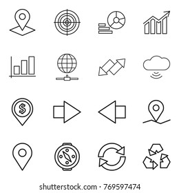 Thin line icon set : pointer, target, diagram, graph, globe connect, up down arrow, cloud wireless, dollar pin, right, left, geo, compass, reload, recycling