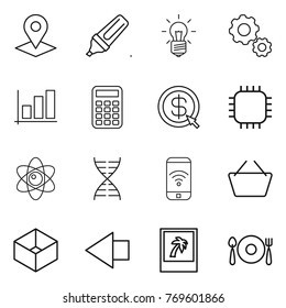 Thin line icon set : pointer, marker, bulb, gear, graph, calculator, dollar arrow, chip, atom, dna, phone wireless, basket, box, left, photo, fork spoon plate
