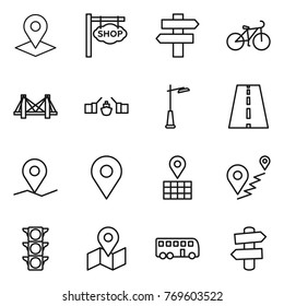 Thin line icon set : pointer, shop signboard, singlepost, bike, bridge, drawbridge, outdoor light, road, geo pin, map, route, traffic, bus, signpost