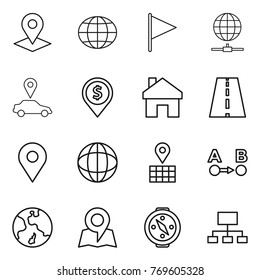 Thin line icon set : pointer, globe, flag, connect, car, dollar pin, home, road, geo, map, route a to b, earth, compass, hierarchy