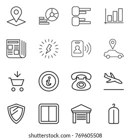 Thin line icon set : pointer, diagram, graph, newspaper, lightning, pass card, car, add to cart, info, phone, arrival, shield, power switch, garage, dry wash