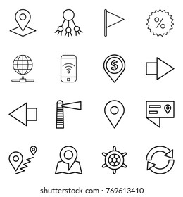 Thin line icon set : pointer, share, flag, percent, globe connect, phone wireless, dollar pin, right arrow, left, lighthouse, geo, location details, route, map, handwheel, reload