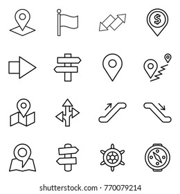 Thin line icon set : pointer, flag, up down arrow, dollar pin, right, singlepost, geo, route, map, escalator, signpost, handwheel, compass