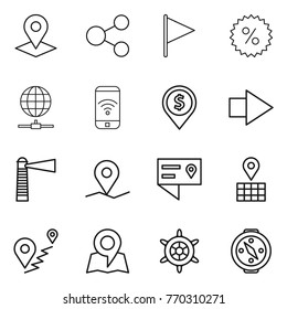 Thin line icon set : pointer, share, flag, percent, globe connect, phone wireless, dollar pin, right arrow, lighthouse, geo, location details, map, route, handwheel, compass