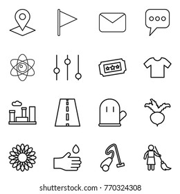 Thin line icon set : pointer, flag, mail, message, atom, equalizer, ticket, t shirt, city, road, cook glove, beet, flower, hand drop, vacuum cleaner, brooming