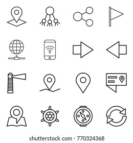 Thin line icon set : pointer, share, flag, globe connect, phone wireless, right arrow, left, lighthouse, geo pin, location details, map, handwheel, compass, reload