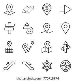 Thin line icon set : pointer, up down arrow, dollar pin, right, singlepost, trip, geo, map, route, escalator, handwheel, compass
