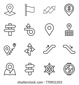 Thin line icon set : pointer, flag, up down arrow, dollar pin, singlepost, trip, geo, map, route, escalator, signpost, handwheel, compass