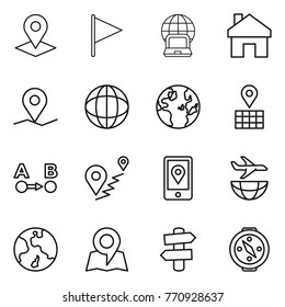 Thin line icon set : pointer, flag, notebook globe, home, geo pin, map, route a to b, mobile location, plane shipping, earth, signpost, compass