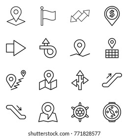 Thin line icon set : pointer, flag, up down arrow, dollar pin, right, trip, geo, map, route, escalator, handwheel, compass