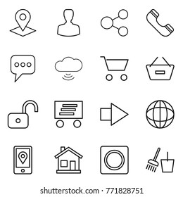 Thin line icon set : pointer, man, share, phone, message, cloud wireless, cart, remove from basket, unlock, delivery, right arrow, globe, mobile location, home, ring button, bucket and broom