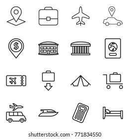Thin line icon set : pointer, portfolio, plane, car, dollar pin, airport building, passport, ticket, baggage get, tent, trolley, transfer, yacht, inflatable mattress, bed