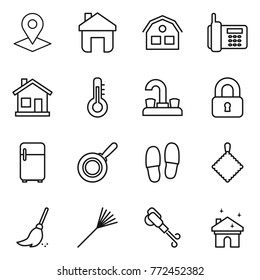 Thin line icon set : pointer, home, house, phone, thermometer, water tap, locked, fridge, pan, slippers, rag, broom, rake, blower, cleaning