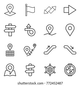 Thin line icon set : pointer, flag, up down arrow, right, singlepost, trip, geo pin, map, route, escalator, signpost, handwheel, compass