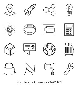 Thin line icon set : pointer, rocket, share, bulb, atom, smart bracelet, nano tube, calculator, 3d, location details, globe, radiator, toaster, satellite antenna, mixer, wrench