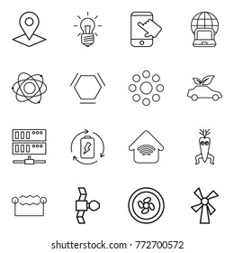 Thin line icon set : pointer, bulb, touch, notebook globe, atom, hex molecule, round around, eco car, server, battery charge, wireless home, dna modify, electrostatic, satellite, cooler fan