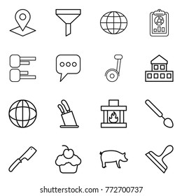 Thin line icon set : pointer, funnel, globe, report, diagram, message, segway, cottage, stands for knives, fireplace, big spoon, chef knife, cupcake, pig, scraper
