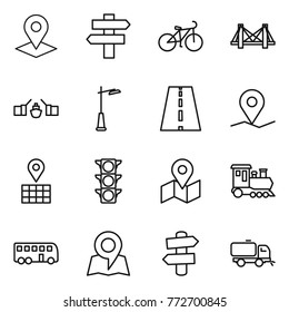 Thin line icon set : pointer, singlepost, bike, bridge, drawbridge, outdoor light, road, geo pin, map, traffic, train, bus, signpost, sweeper