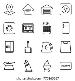 Thin line icon set : pointer, wireless home, garage, power socket, ring button, tv, radiator, fridge, scoop, kettle, cutting board, stands for knives, bbq, welcome mat