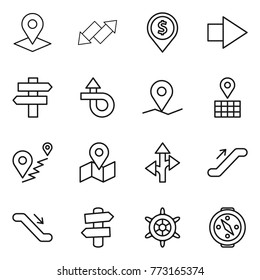 Thin line icon set : pointer, up down arrow, dollar pin, right, singlepost, trip, geo, map, route, escalator, signpost, handwheel, compass