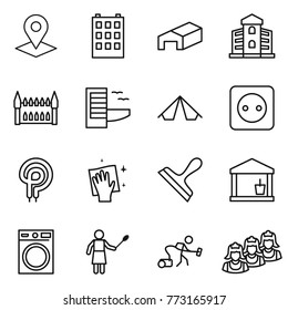 Thin line icon set : pointer, building, warehouse, gothic architecture, hotel, tent, power socket, elecric oven, wiping, scraper, utility room, washing machine, woman with duster, vacuum cleaner