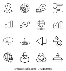 Thin line icon set : pointer, target, diagram, graph, globe connect, up, cloude service, left arrow, trip, delivery, package, recycling