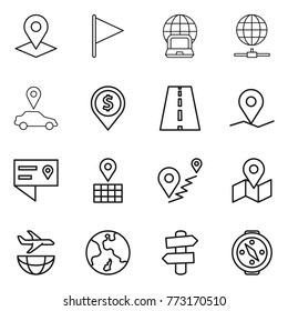Thin line icon set : pointer, flag, notebook globe, connect, car, dollar pin, road, geo, location details, map, route, plane shipping, earth, signpost, compass