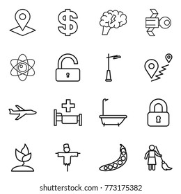 Thin line icon set : pointer, dollar, brain, satellite, atom, unlock, outdoor light, route, plane, hospital, bath, locked, sprouting, scarecrow, peas, brooming